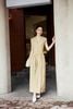 FDC35554 - Đầm công sở vải linen dáng suông cổ xẻ V tay chờm thân váy xếp nhún tạo phồng eo phối vạt thắt tạo kiểu - PANTIO