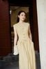FDC35554 - Đầm công sở vải linen dáng suông cổ xẻ V tay chờm thân váy xếp nhún tạo phồng eo phối vạt thắt tạo kiểu - PANTIO