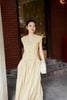 FDC35554 - Đầm công sở vải linen dáng suông cổ xẻ V tay chờm thân váy xếp nhún tạo phồng eo phối vạt thắt tạo kiểu - PANTIO