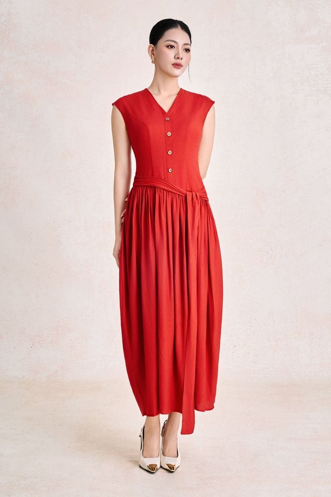 FDC35554 - Đầm công sở vải linen dáng suông cổ xẻ V tay chờm thân váy xếp nhún tạo phồng eo phối vạt thắt tạo kiểu - PANTIO