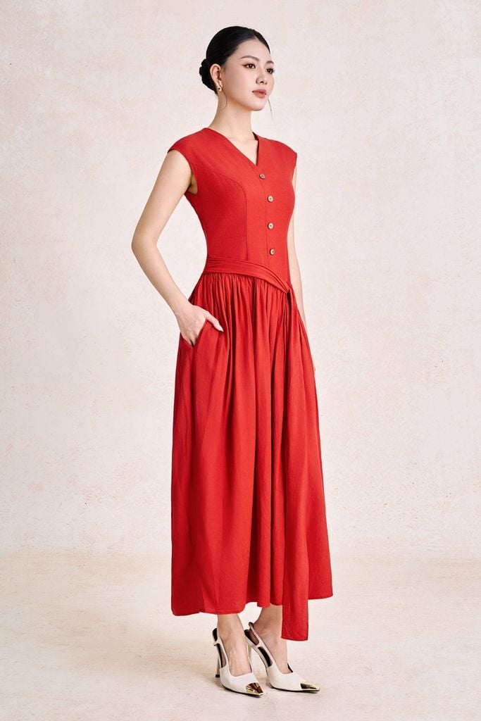 FDC35554 - Đầm công sở vải linen dáng suông cổ xẻ V tay chờm thân váy xếp nhún tạo phồng eo phối vạt thắt tạo kiểu - PANTIO