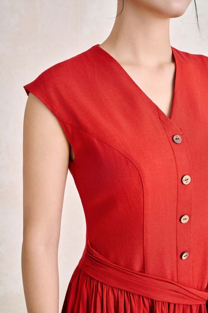 FDC35554 - Đầm công sở vải linen dáng suông cổ xẻ V tay chờm thân váy xếp nhún tạo phồng eo phối vạt thắt tạo kiểu - PANTIO