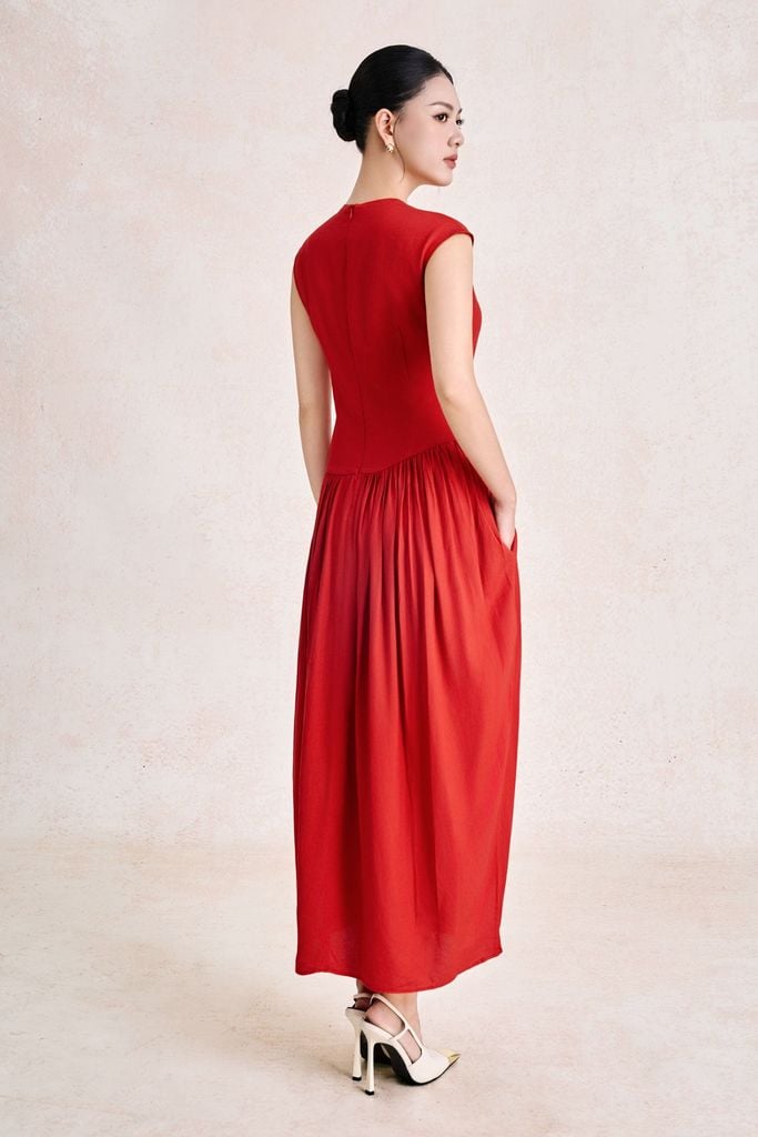 FDC35554 - Đầm công sở vải linen dáng suông cổ xẻ V tay chờm thân váy xếp nhún tạo phồng eo phối vạt thắt tạo kiểu - PANTIO