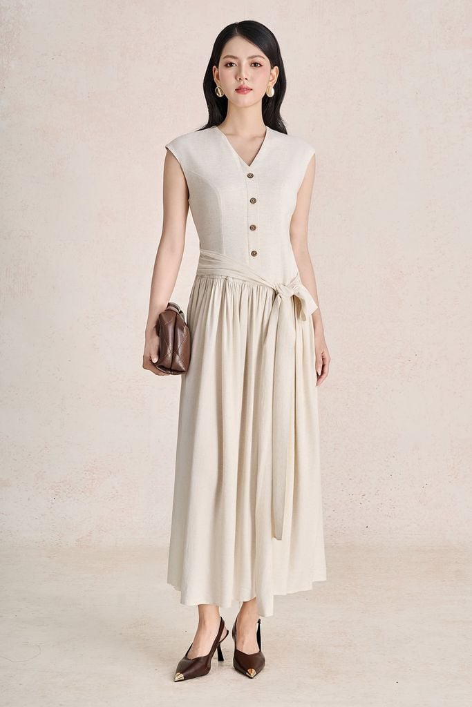 FDC35554 - Đầm công sở vải linen dáng suông cổ xẻ V tay chờm thân váy xếp nhún tạo phồng eo phối vạt thắt tạo kiểu - PANTIO