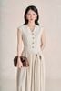 FDC35554 - Đầm công sở vải linen dáng suông cổ xẻ V tay chờm thân váy xếp nhún tạo phồng eo phối vạt thắt tạo kiểu - PANTIO