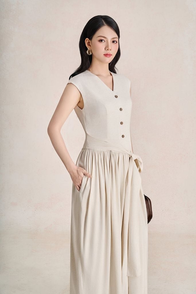 FDC35554 - Đầm công sở vải linen dáng suông cổ xẻ V tay chờm thân váy xếp nhún tạo phồng eo phối vạt thắt tạo kiểu - PANTIO