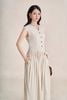 FDC35554 - Đầm công sở vải linen dáng suông cổ xẻ V tay chờm thân váy xếp nhún tạo phồng eo phối vạt thắt tạo kiểu - PANTIO