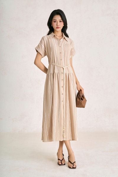 FDC35558 - Đầm công sở vải linen dáng suông cổ bẻ tay cộc eo phối dây thắt tạo kiểu - PANTIO