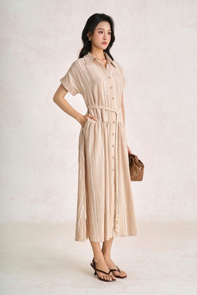 FDC35558 - Đầm công sở vải linen dáng suông cổ bẻ tay cộc eo phối dây thắt tạo kiểu - PANTIO