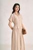 FDC35558 - Đầm công sở vải linen dáng suông cổ bẻ tay cộc eo phối dây thắt tạo kiểu - PANTIO