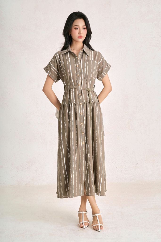 FDC35558 - Đầm công sở vải linen dáng suông cổ bẻ tay cộc eo phối dây thắt tạo kiểu - PANTIO