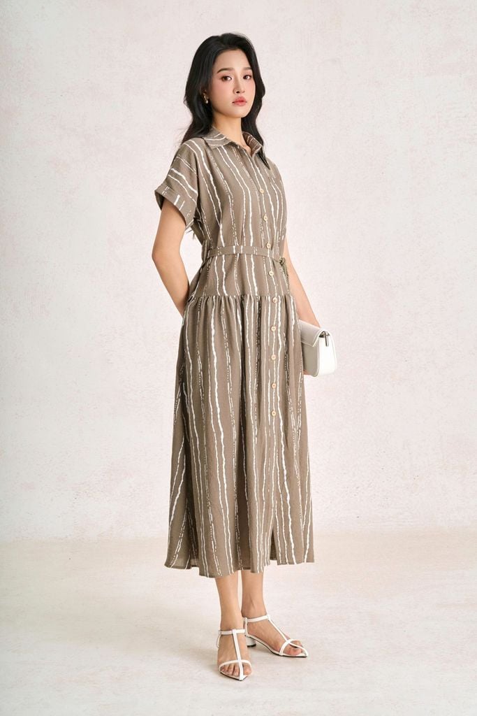 FDC35558 - Đầm công sở vải linen dáng suông cổ bẻ tay cộc eo phối dây thắt tạo kiểu - PANTIO
