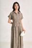 FDC35558 - Đầm công sở vải linen dáng suông cổ bẻ tay cộc eo phối dây thắt tạo kiểu - PANTIO