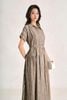 FDC35558 - Đầm công sở vải linen dáng suông cổ bẻ tay cộc eo phối dây thắt tạo kiểu - PANTIO