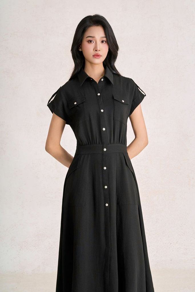 FDC35577 - Đầm công sở vải thô đũi dáng chữ A cổ bẻ tay cộc thân váy phối khuy đá tạo kiểu - PANTIO