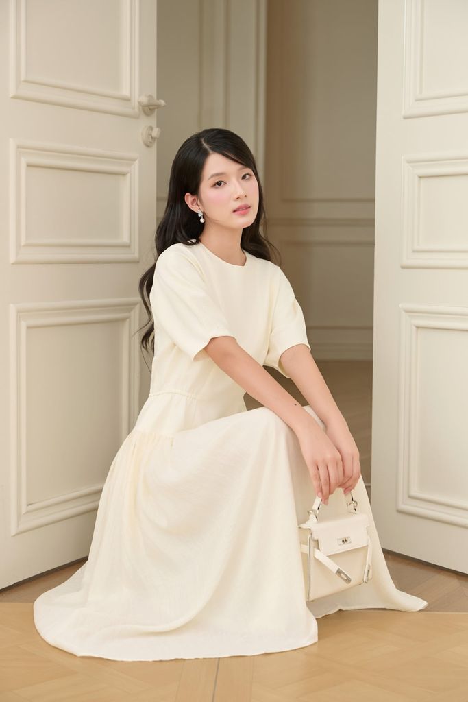 FDC35578 - Đầm công sở vải thô dáng chữ A cổ tròn tay phồng thân váy xếp nhún tạo xoè khoá thân sau - JAN.