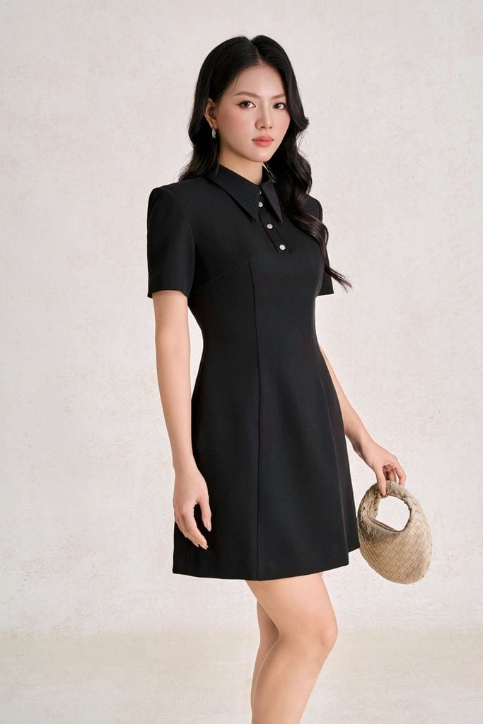 FDC35581 - Đầm công sở vải tuytsi dáng ngắn chữ A cổ đức tay cộc khoá thân sau thời trang - PANTIO