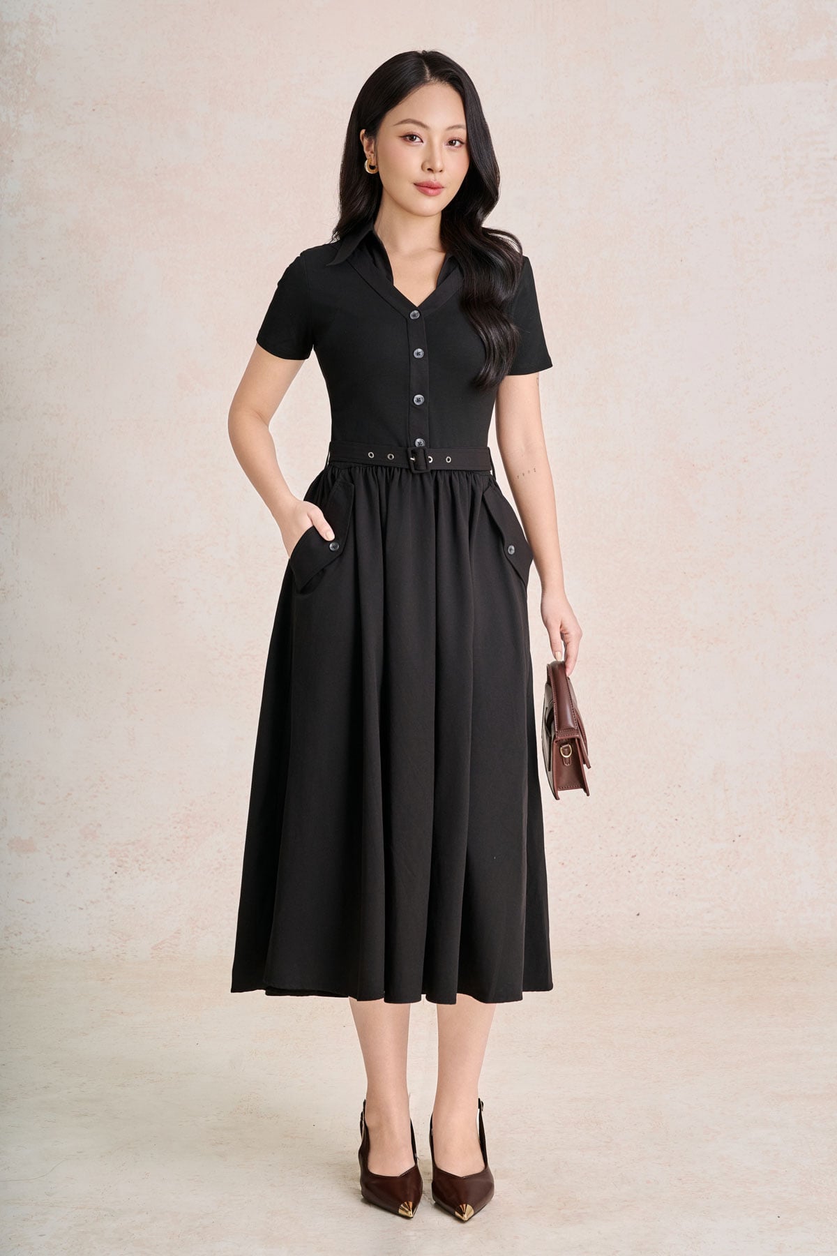 FDC35583 - Đầm công sở vải thô kate dáng chữ A cổ bẻ tay cộc eo váy phối nhún tạo xoè kèm đai lưng thời trang - PANTIO
