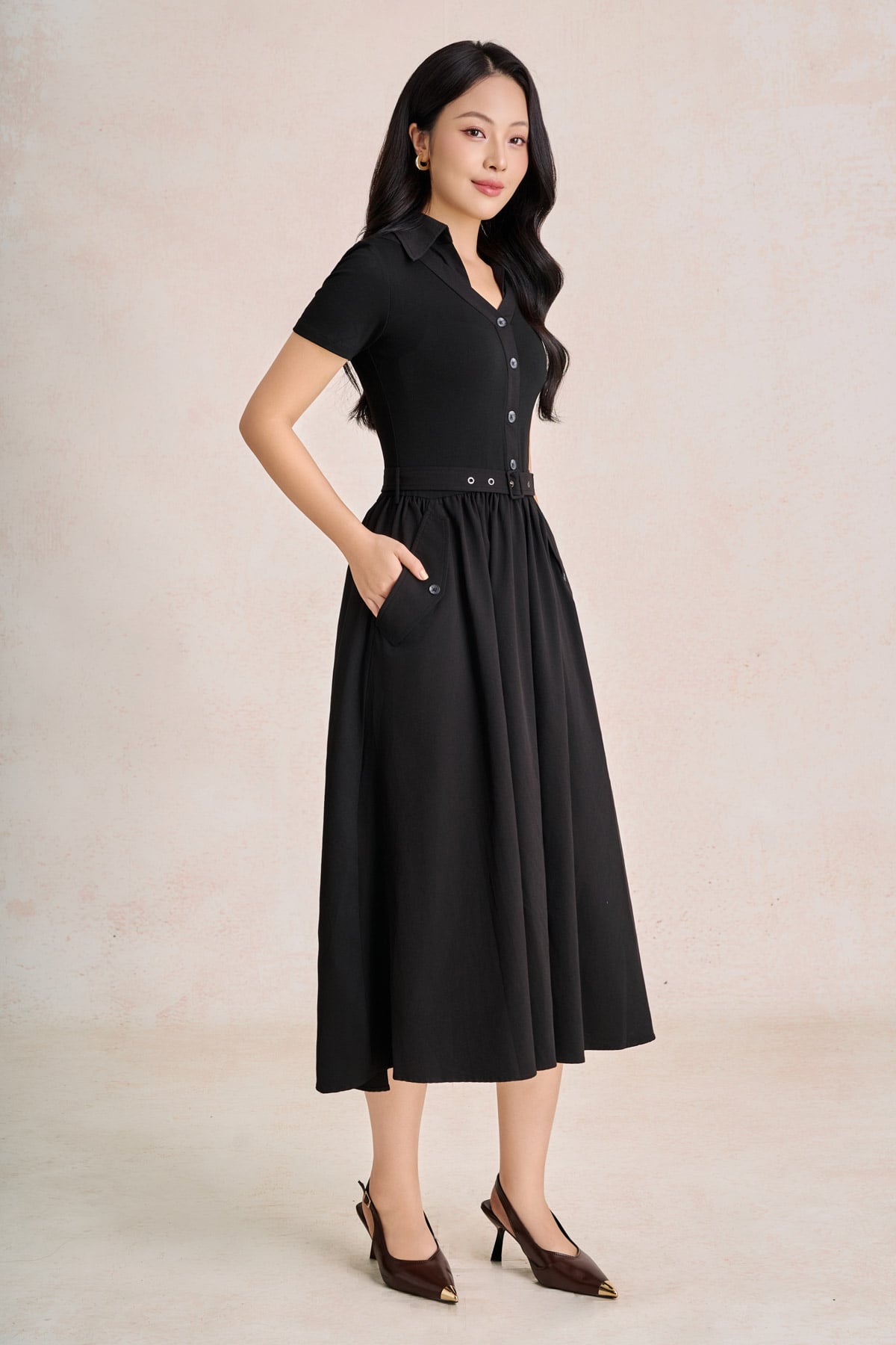 FDC35583 - Đầm công sở vải thô kate dáng chữ A cổ bẻ tay cộc eo váy phối nhún tạo xoè kèm đai lưng thời trang - PANTIO