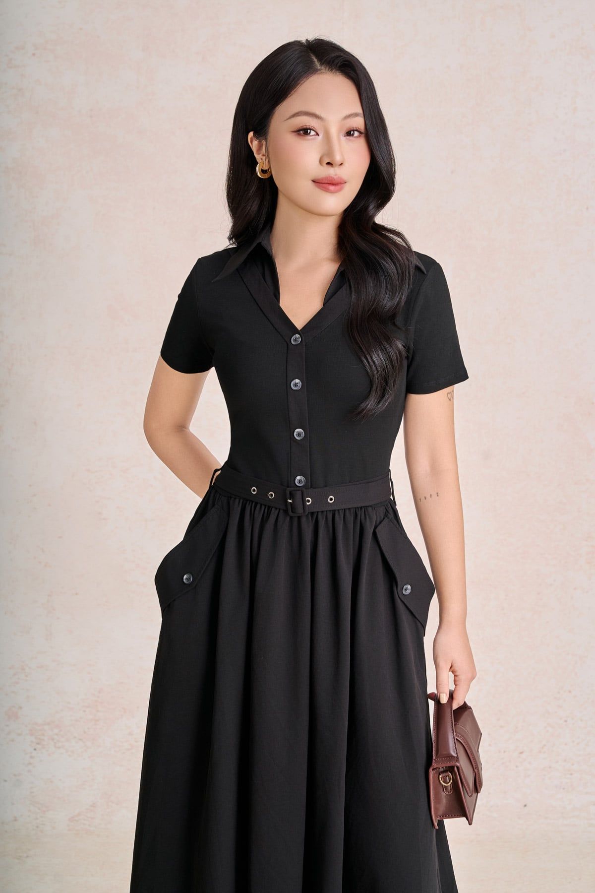 FDC35583 - Đầm công sở vải thô kate dáng chữ A cổ bẻ tay cộc eo váy phối nhún tạo xoè kèm đai lưng thời trang - PANTIO