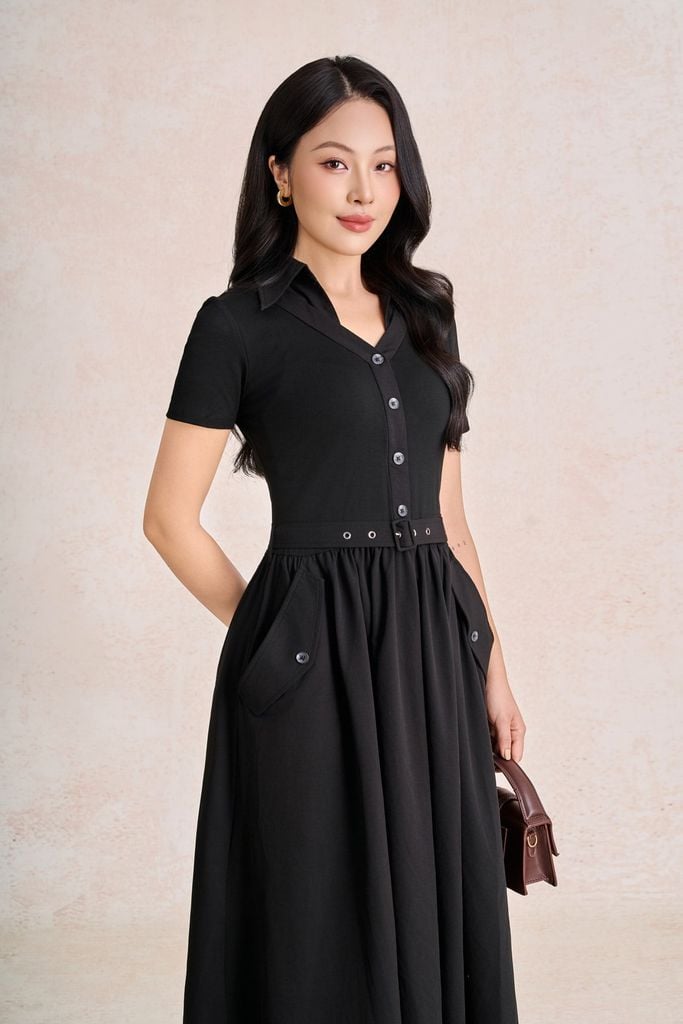 FDC35583 - Đầm công sở vải thô kate dáng chữ A cổ bẻ tay cộc eo váy phối nhún tạo xoè kèm đai lưng thời trang - PANTIO