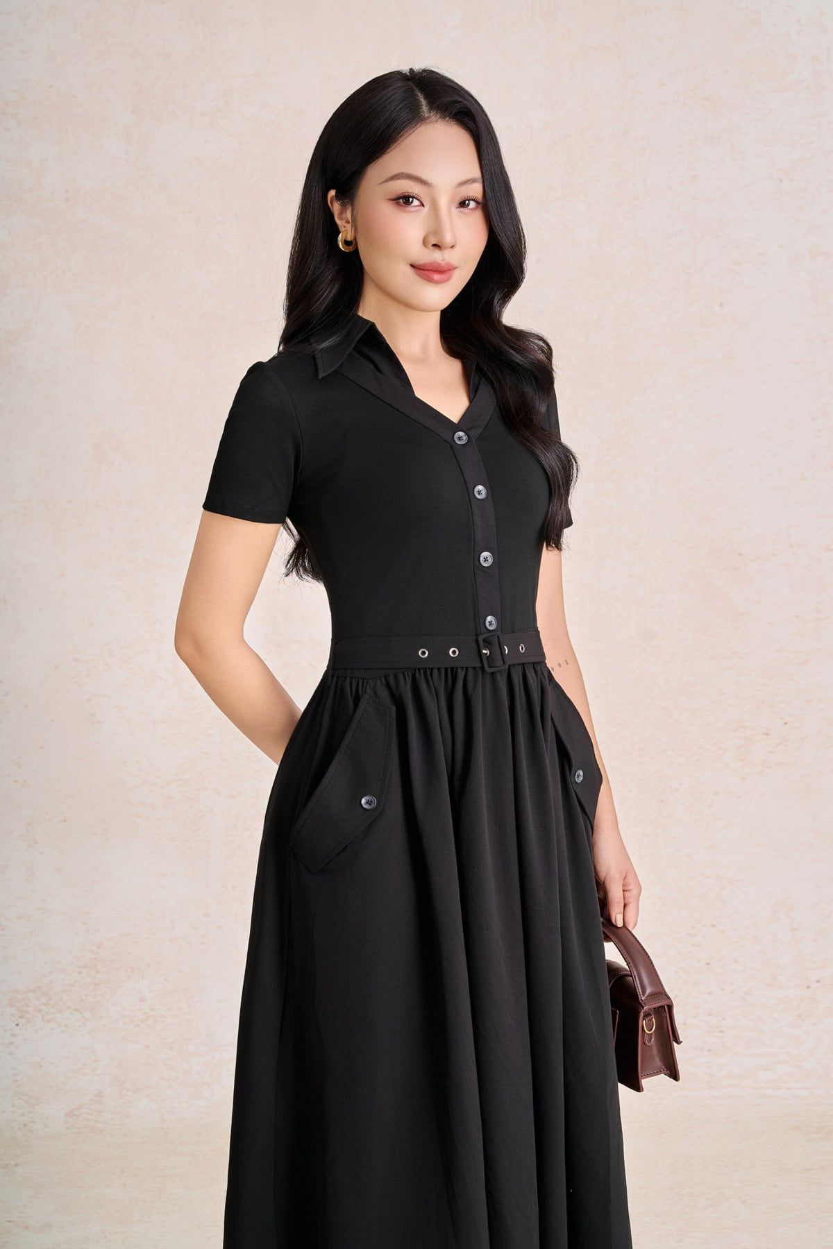 FDC35583 - Đầm công sở vải thô kate dáng chữ A cổ bẻ tay cộc eo váy phối nhún tạo xoè kèm đai lưng thời trang - PANTIO