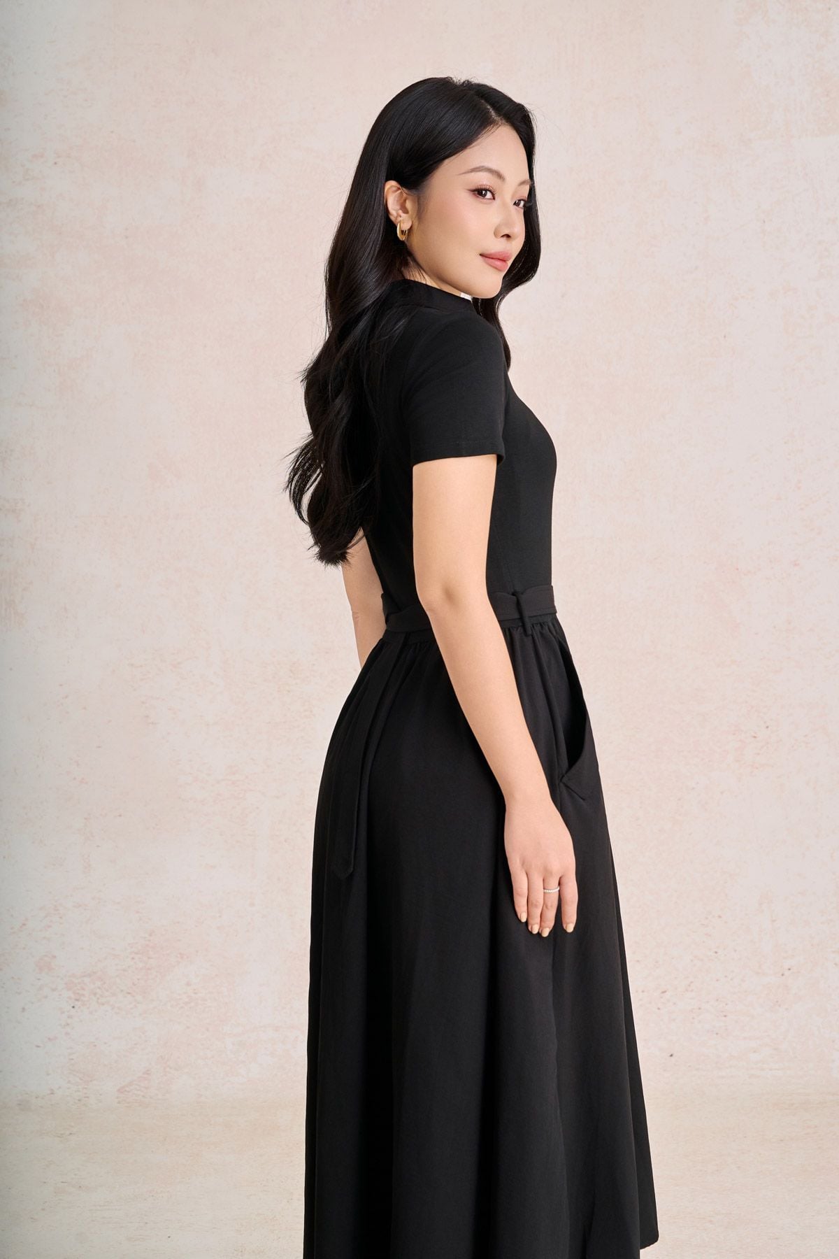 FDC35583 - Đầm công sở vải thô kate dáng chữ A cổ bẻ tay cộc eo váy phối nhún tạo xoè kèm đai lưng thời trang - PANTIO