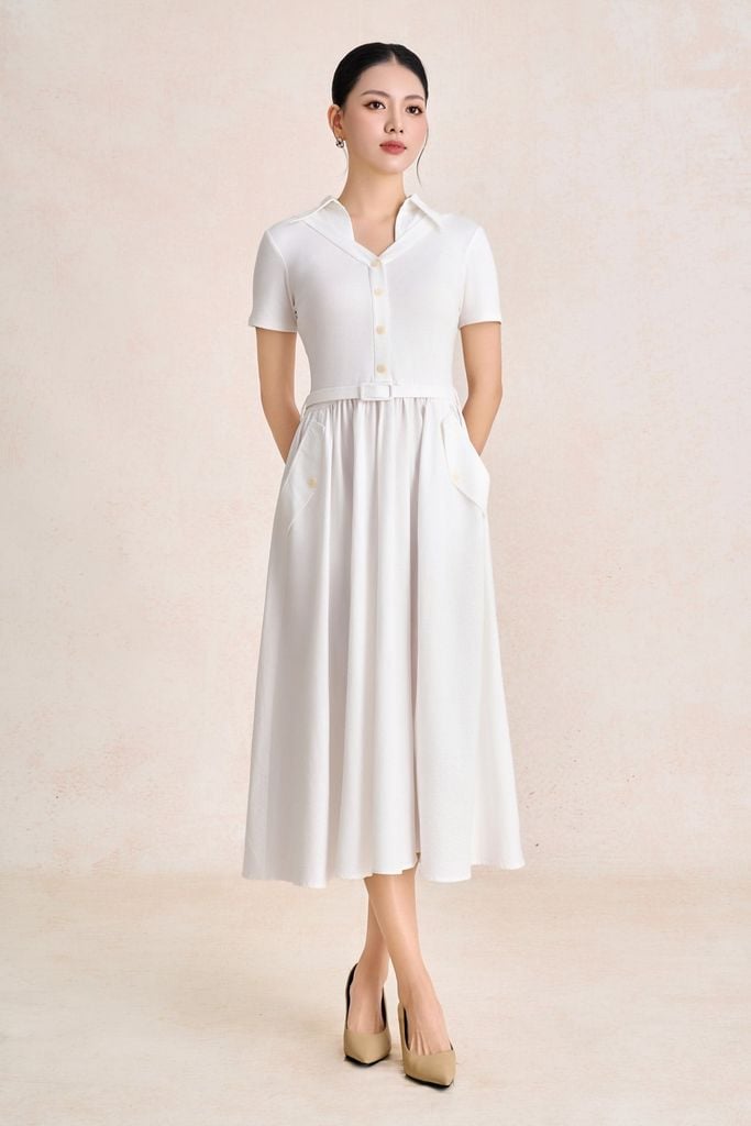 FDC35583 - Đầm công sở vải thô kate dáng chữ A cổ bẻ tay cộc eo váy phối nhún tạo xoè kèm đai lưng thời trang - PANTIO