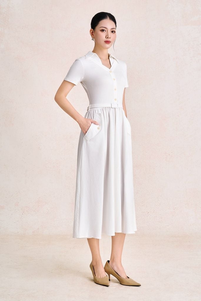FDC35583 - Đầm công sở vải thô kate dáng chữ A cổ bẻ tay cộc eo váy phối nhún tạo xoè kèm đai lưng thời trang - PANTIO