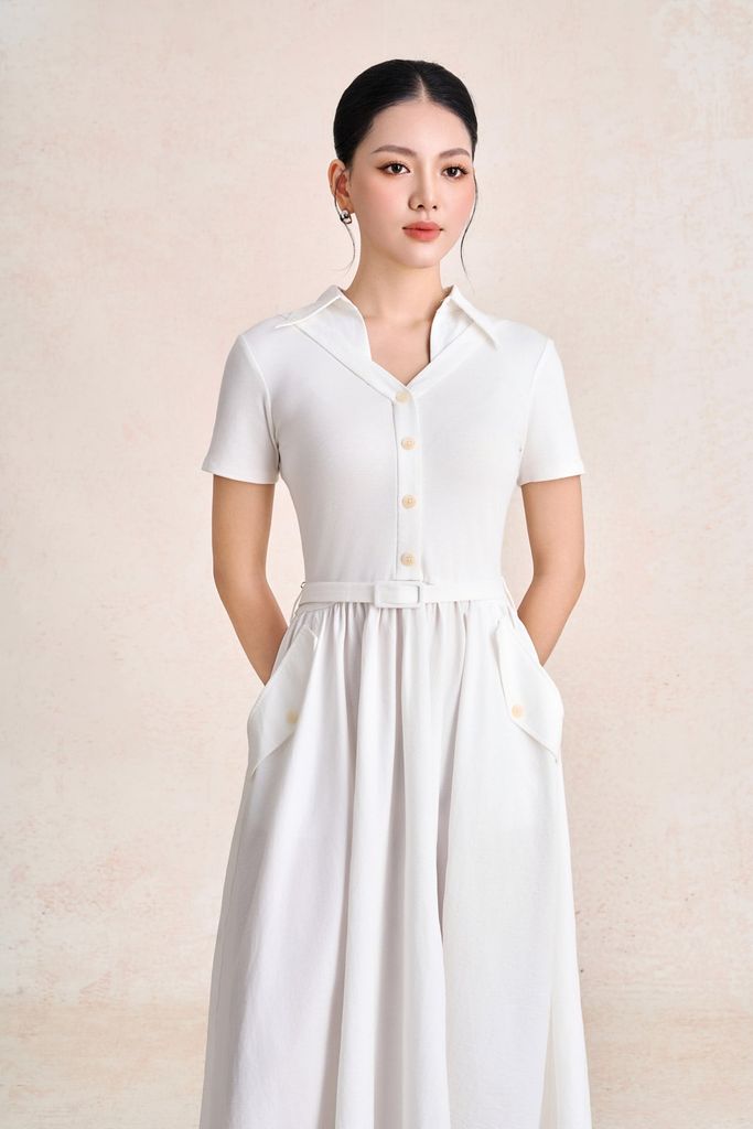 FDC35583 - Đầm công sở vải thô kate dáng chữ A cổ bẻ tay cộc eo váy phối nhún tạo xoè kèm đai lưng thời trang - PANTIO