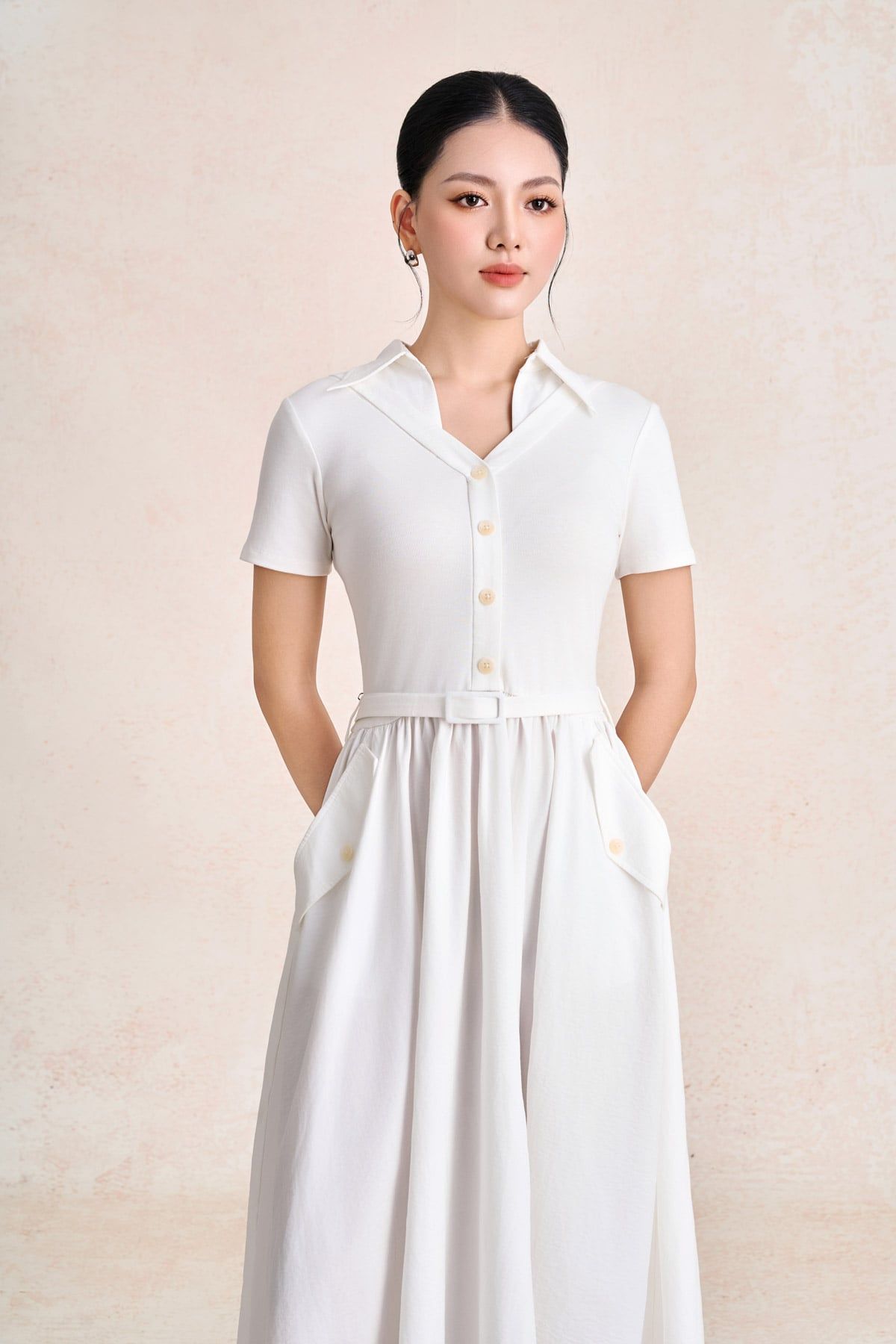 FDC35583 - Đầm công sở vải thô kate dáng chữ A cổ bẻ tay cộc eo váy phối nhún tạo xoè kèm đai lưng thời trang - PANTIO
