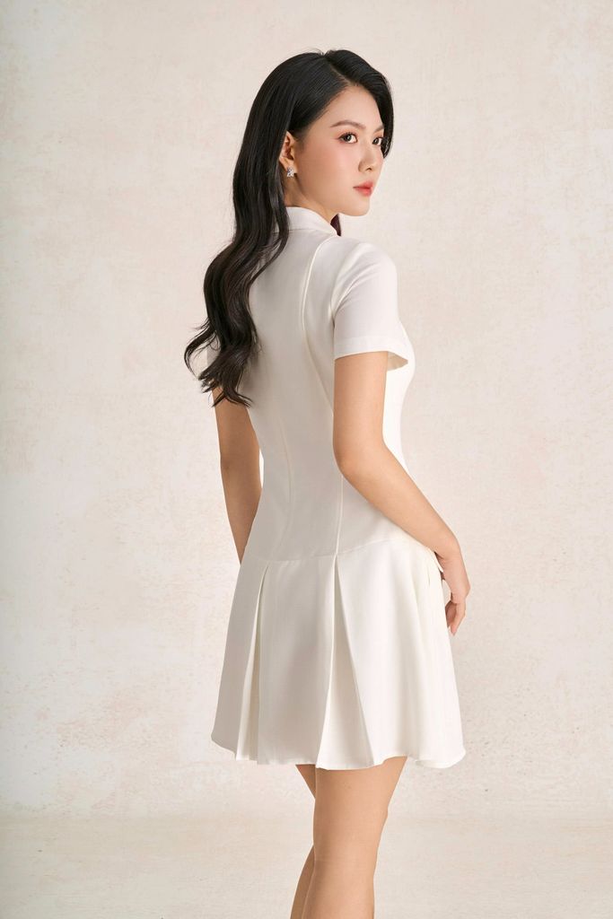 FDC35584 - Đầm công sở vải thô dáng A ngắn cổ bẻ phối khoá thân váy xếp ly thời trang - PANTIO