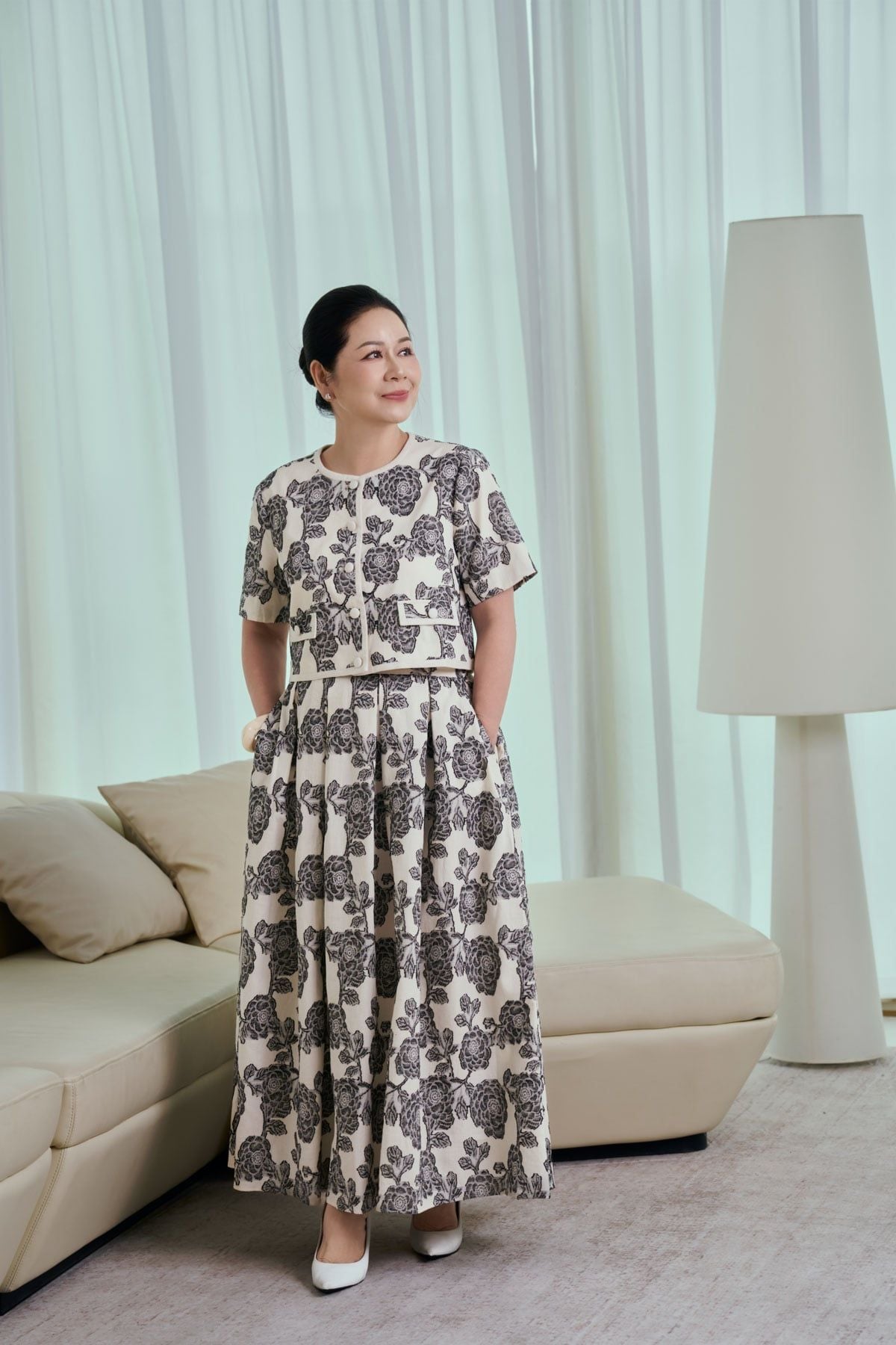 BJD13682 - Chân váy dài công sở vải linen dáng chữ A thân váy phối ly bung dáng xoè khoá thân sau - PANTIO