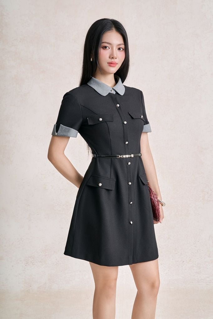 FDC35588 - tỷ lệ kèo 8899 vải thô dáng chữ A ngắn cổ bẻ tay cộc thân váy phối khuy tạo kiểu kèm dây lưng thời trang - tỷ lệ kèo 8899