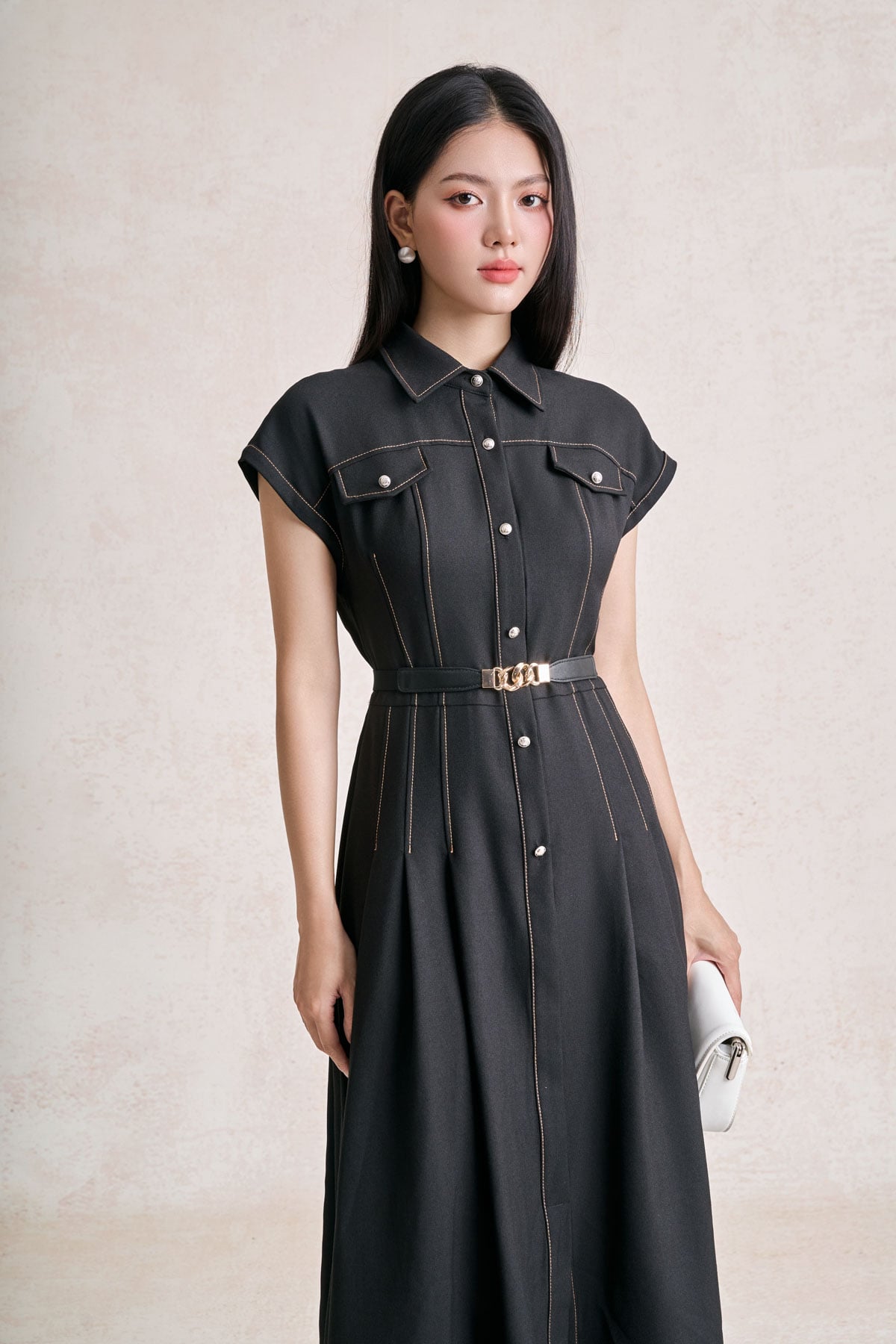 FDC35592 - Đầm công sở vải thô đũi dáng chữ A cổ bẻ tay chờm thân váy đính khuy thời trang kèm đai lưng tạo kiểu - PANTIO