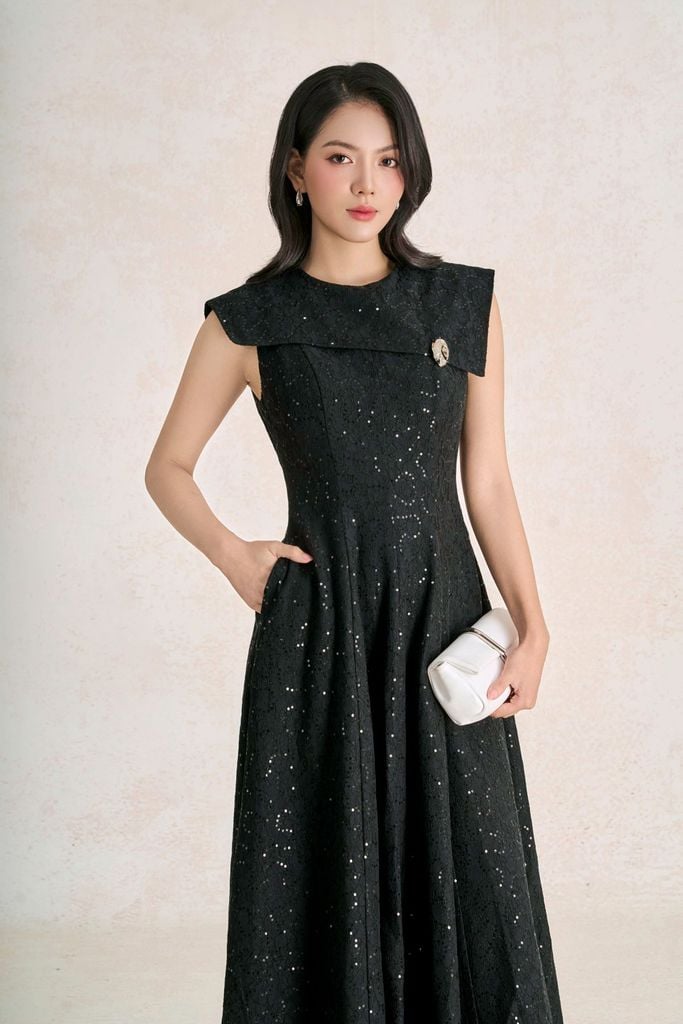 FDC35601 - Đầm công sở vải ren lưới dáng chữ A cổ tròn tay chờm kèm cài áo kim loại tạo kiểu - PANTIO