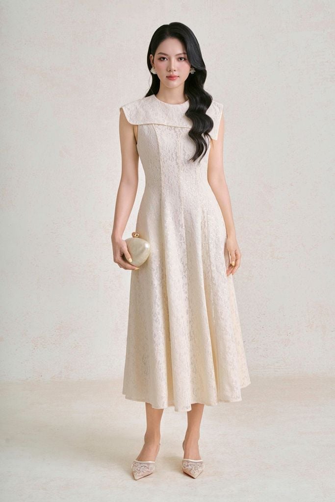 FDC35601 - Đầm công sở vải ren lưới dáng chữ A cổ tròn tay chờm kèm cài áo kim loại tạo kiểu - PANTIO