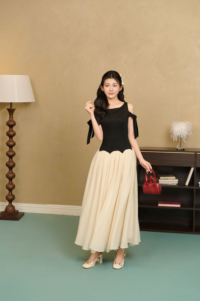 FDC55416 - Đầm công sở vải tơ dáng ôm cổ tròn vai phối dây thắt nơ tạo kiểu thân váy xòe đổ ly tạo kiểu khóa thân sau - JAN.