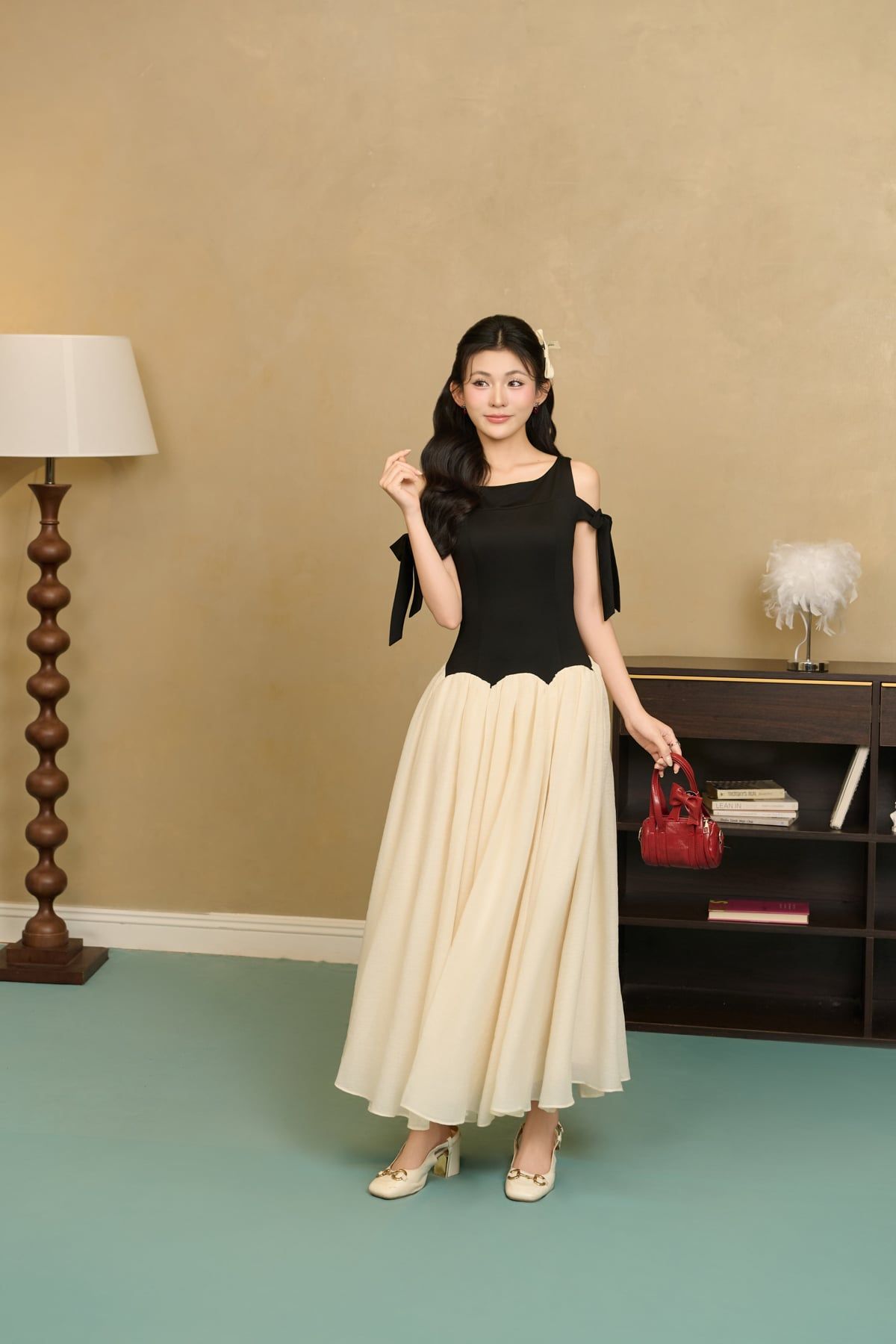 FDC55416 - Đầm công sở vải tơ dáng ôm cổ tròn vai phối dây thắt nơ tạo kiểu thân váy xòe đổ ly tạo kiểu khóa thân sau - JAN.