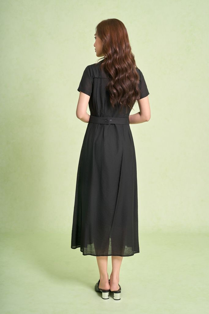 FDC55520 - Đầm công sở vải thô mỏng dáng xoè cổ hai ve tay cộc thân váy phối khuy bọc eo có đai thắt tạo kiểu - PANTIO