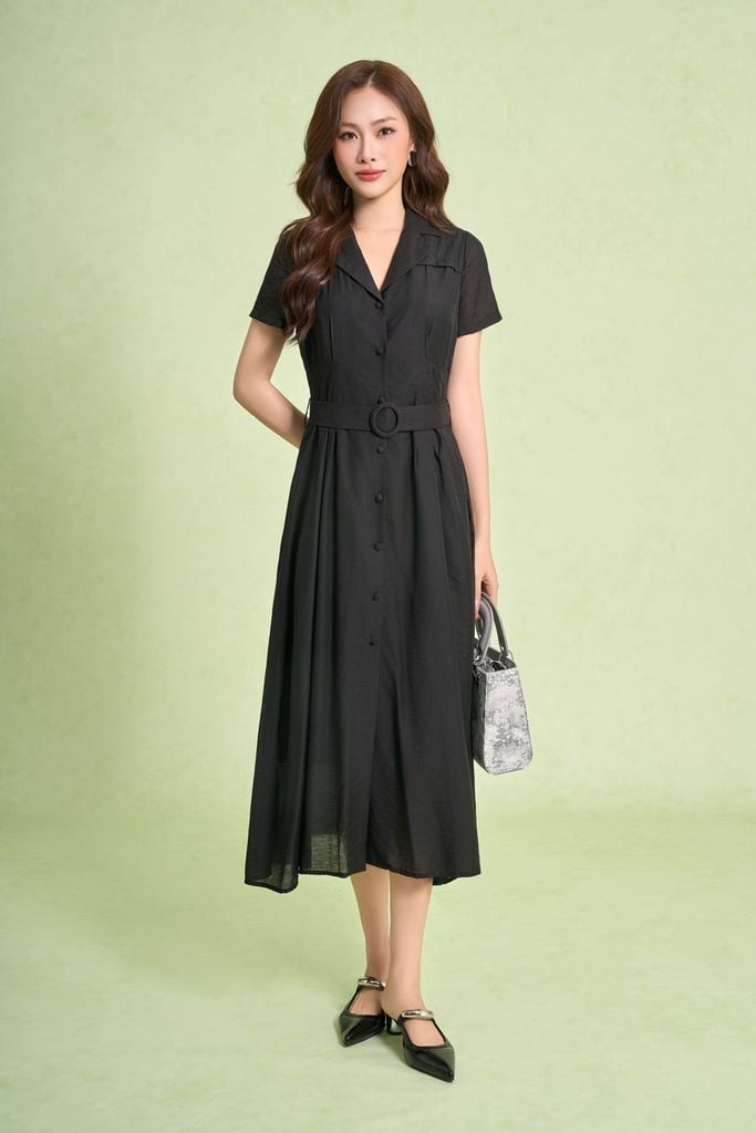 FDC55520 - Đầm công sở vải thô mỏng dáng xoè cổ hai ve tay cộc thân váy phối khuy bọc eo có đai thắt tạo kiểu - PANTIO