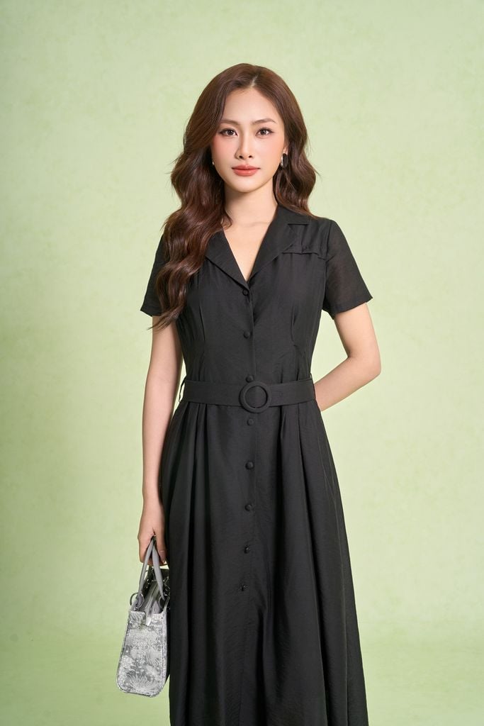 FDC55520 - Đầm công sở vải thô mỏng dáng xoè cổ hai ve tay cộc thân váy phối khuy bọc eo có đai thắt tạo kiểu - PANTIO