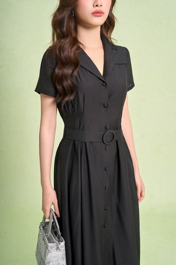 FDC55520 - Đầm công sở vải thô mỏng dáng xoè cổ hai ve tay cộc thân váy phối khuy bọc eo có đai thắt tạo kiểu - PANTIO
