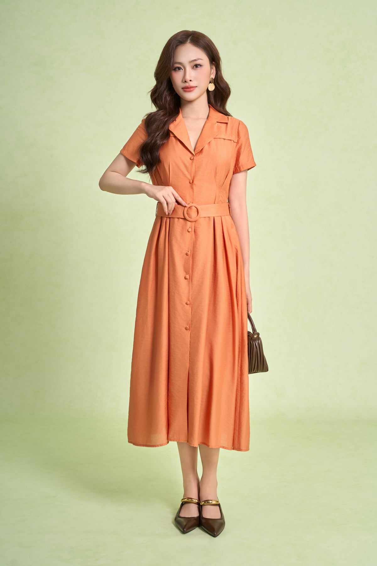 FDC55520 - Đầm công sở vải thô mỏng dáng xoè cổ hai ve tay cộc thân váy phối khuy bọc eo có đai thắt tạo kiểu - PANTIO