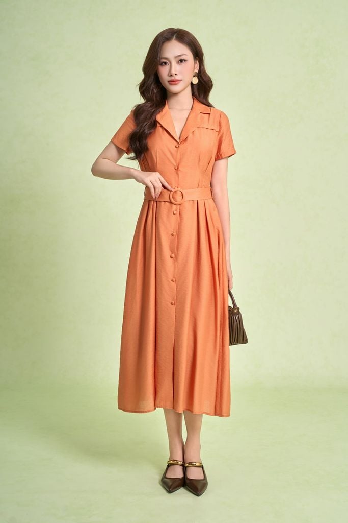 FDC55520 - Đầm công sở vải thô mỏng dáng xoè cổ hai ve tay cộc thân váy phối khuy bọc eo có đai thắt tạo kiểu - PANTIO