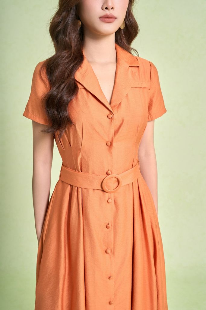 FDC55520 - Đầm công sở vải thô mỏng dáng xoè cổ hai ve tay cộc thân váy phối khuy bọc eo có đai thắt tạo kiểu - PANTIO