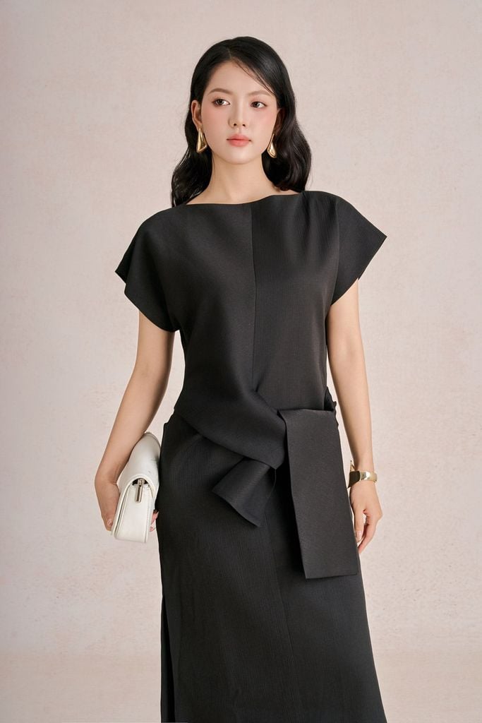 FDC55571 - Đầm công sở vải tơ dày dáng suông cổ thuyền tay chờm eo phối vạt thắt tạo kiểu - PANTIO