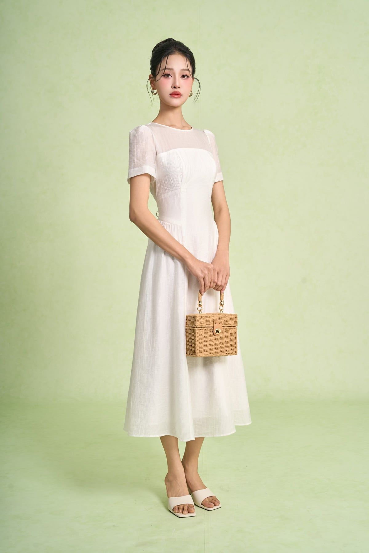 FDC75052 - Đầm công sở vải thô mỏng hai lớp lót habutai dáng suông cổ tròn hông xếp nhún ly tạo kiểu - PANTIO