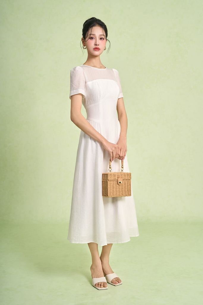 FDC75052 - Đầm công sở vải thô mỏng hai lớp lót habutai dáng suông cổ tròn hông xếp nhún ly tạo kiểu - PANTIO