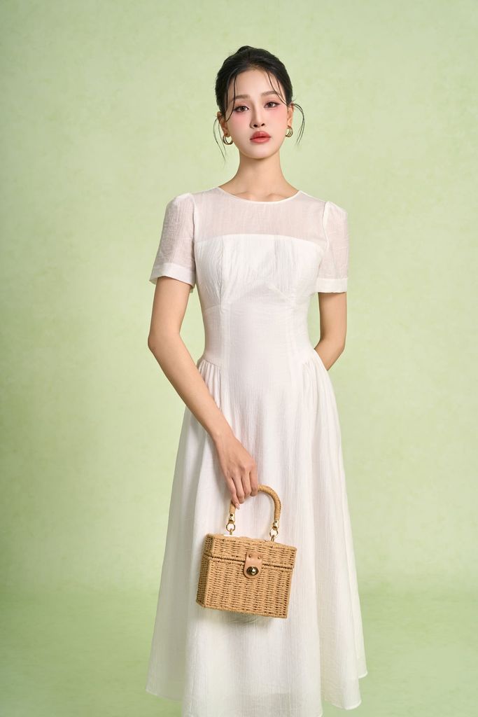 FDC75052 - Đầm công sở vải thô mỏng hai lớp lót habutai dáng suông cổ tròn hông xếp nhún ly tạo kiểu - PANTIO